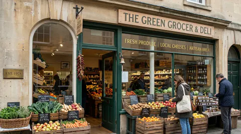 Independent produce shop with fresh fruit and vegetable display