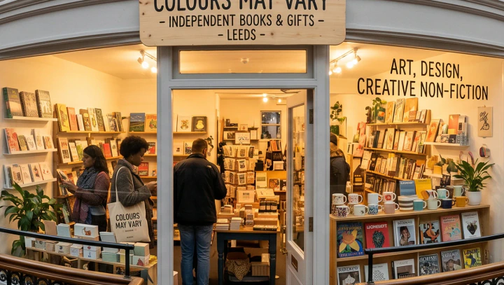Independent bookshop interior with shelves and browsing customers