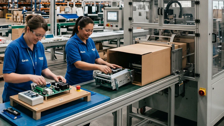 Manufacturing workflow representing a packaging and assembly business